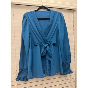 NWOT Blue Wrap Tie Front Blouse Women XL Long Sleeve Peplum Top